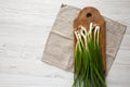 Fresh green onions on a cutting board on a white wooden table, top view. From above, overhead, flat lay. Copy space Royalty Free Stock Photo