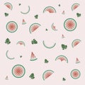Fresh green open watermelon half, slices and triangles. Watermelon freshness nature illustration