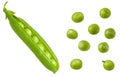 Fresh green pea pod with beans isolated on white background. Design detail with clipping path Royalty Free Stock Photo