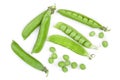 Fresh green pea pod isolated on white background. Top view. Flat lay Royalty Free Stock Photo