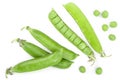 Fresh green pea pod isolated on white background. Top view. Flat lay Royalty Free Stock Photo