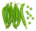 Fresh green pea pods with green peas isolated on white background. clipping path. top view Royalty Free Stock Photo