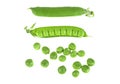 Fresh green pea pods and peas on a white background Royalty Free Stock Photo