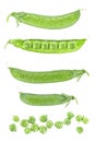 Fresh green pea pods and peas on white background, top view Royalty Free Stock Photo