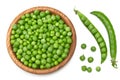 Fresh green pea pods in wooden bowl isolated on white background. clipping path. top view Royalty Free Stock Photo