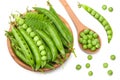 Fresh green pea pods in wooden bowl isolated on white background. clipping path. top view Royalty Free Stock Photo