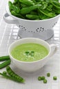 Fresh green pea soup and full of husk in colander Royalty Free Stock Photo