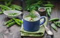 Fresh green pea soup with pea seeds and pea pods Royalty Free Stock Photo