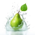 Fresh green pear in water splash on white backround. Juicy fruit. Generative AI Royalty Free Stock Photo