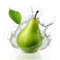 Fresh green pear in water splash on white backround. Juicy fruit. Generative AI Royalty Free Stock Photo