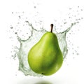 Fresh green pear in water splash on white backround. Juicy fruit. Generative AI Royalty Free Stock Photo