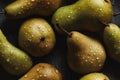 Fresh green pears with water drops seamless closeup background and texture, neural network generated image