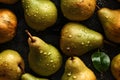 Fresh green pears with water drops seamless closeup background and texture, neural network generated image
