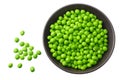 fresh green peas in a black plate isolated on white background. top view Royalty Free Stock Photo