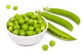 Fresh green peas in a little white bowl, fresh pea`s pods, open and closed. Isolated on white background, close-up Royalty Free Stock Photo