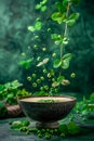 Fresh Green Peas and Mint Leaves Falling into Bowl with Soup on Rustic Wooden Table Against Dark Background Royalty Free Stock Photo