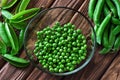 Fresh green peas peeled in a glass bowl Royalty Free Stock Photo