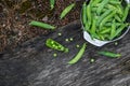 Fresh green peas pods on a wooden board, top view, copy space Royalty Free Stock Photo