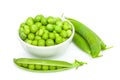 Fresh green peas in a white bowl, fresh pea`s pods, open and closed. Isolated on white background, close-up Royalty Free Stock Photo