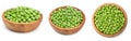 Fresh green peas in wooden bowl isolated on white background. clipping path Royalty Free Stock Photo