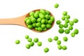 fresh green peas in a wooden spoon isolated on a white background. top view Royalty Free Stock Photo