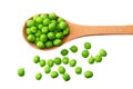 fresh green peas in a wooden spoon isolated on a white background. top view