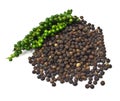 Fresh green peper on heap of Black Pepper