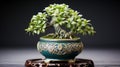 Fresh green plant growth in ornate Japanese flower pot decoration