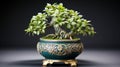 Fresh green plant growth in ornate Japanese flower pot decoration