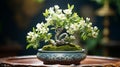 Fresh green plant growth in ornate Japanese flower pot decoration