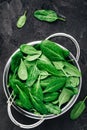 Fresh green raw organic spinach leaves in colander on dark stone background Royalty Free Stock Photo