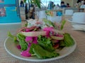 Fresh green salad, lettuce, slices onion and ham served with mayonnaise sauce Royalty Free Stock Photo