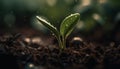 Fresh green sapling grows in wet dirt, new life begins generated by AI