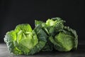 Fresh green savoy cabbages on table against black background Royalty Free Stock Photo