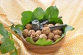 Walnuts with leaf and nutcracker Royalty Free Stock Photo