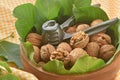 Walnuts and leaves with nutcracker Royalty Free Stock Photo