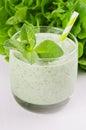 Fresh green spinach smoothie drink with straw, twig mint, salad on soft white wood table, closeup. Royalty Free Stock Photo