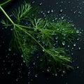 Fresh green sprig of dill with large drops of water on a black background close-up, aromatic herb for salad