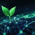 A fresh green sprout emerges from a luminous network graph showing upward trending data, symbolizing sustainable