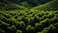 Fresh green tea leaves grow in a lush mountain landscape generated by AI Royalty Free Stock Photo