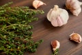 Composition of garlic and tyme. Fresh green thyme and garlic cloves. Royalty Free Stock Photo