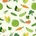 Fresh green various vegetables seamless pattern in flat design. Set of vector vegetables. Cabbage, carrot, corn, avocado