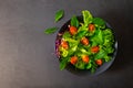 Fresh green vegetable salad. Top view from above of cherry tomato, basil, spinach and lettuce, red cabbage in black bowl. Royalty Free Stock Photo