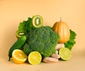 Fresh green vegetables and fruits on a pastel background. Food balance, Equilibrium.Copy space. Royalty Free Stock Photo