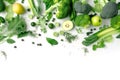 Fresh green vegetables and fruits on white background. Free space for text. Generative AI Royalty Free Stock Photo