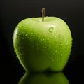 Fresh green wet apple fruit on black reflective background Royalty Free Stock Photo