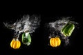 Fresh Green, Yellow Bell Peppers with Water Splash and Bubble Isolated. Group of Paprika of Healthy Copy Space. Colored Paprika Royalty Free Stock Photo