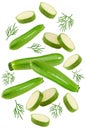 Flying green zucchini or marrow with slices isolated on white background. full depth of field. clipping path Royalty Free Stock Photo