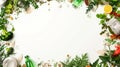 Fresh greens, herbs, and citrus frame a white background, creating a natural culinary canvas