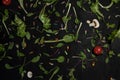 Fresh greens and tomatoes on a black background